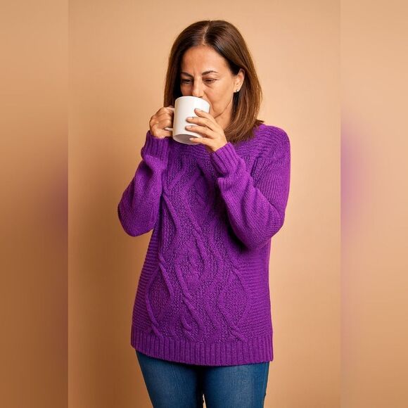 Lands' End Women's Drifter Purple Cable Knit Heavy Cotton Crew Neck Sweater - Picture 1 of 8